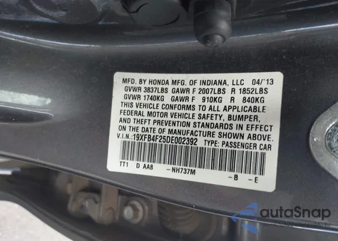 2013 Honda Civic Hybrid z USA, uszkodzony, nr VIN 19XFB4F25DE002392